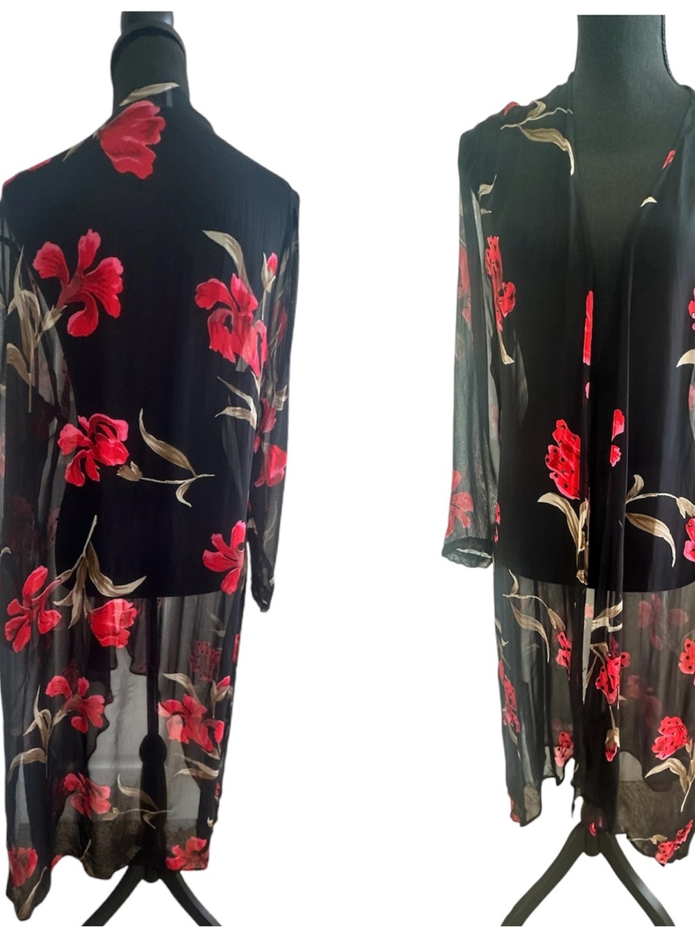 Black Floral Sheer Kimono Asymmetrical Cardigan with Red Flowers